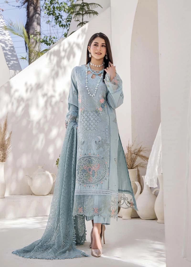 Maria B Inspired Chikan Embroidered Blue 3 Piece Outfit With Barocia Dupatta