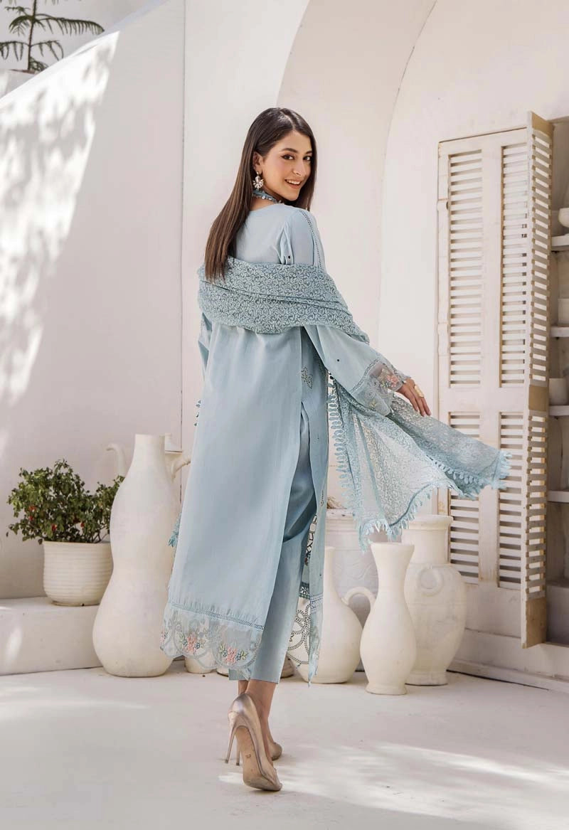 Maria B Inspired Chikan Embroidered Blue 3 Piece Outfit With Barocia Dupatta