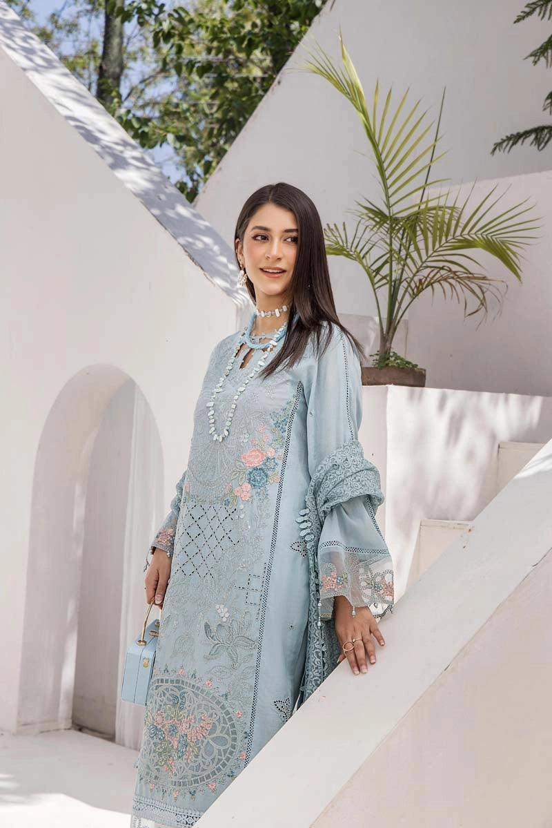 Maria B Inspired Chikan Embroidered Blue 3 Piece Outfit With Barocia Dupatta