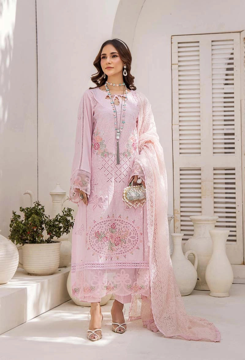 Maria B Inspired Chikan Embroidered Pink 3 Piece Outfit With Barocia Dupatta