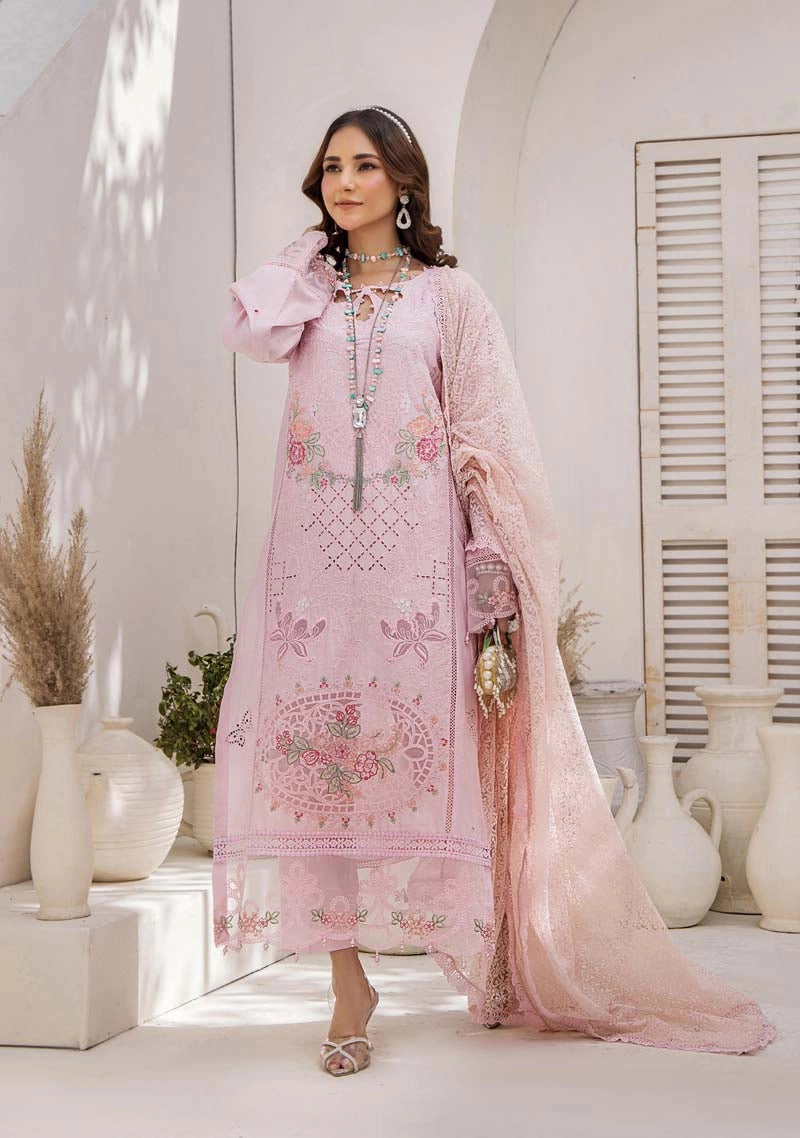 Maria B Inspired Chikan Embroidered Pink 3 Piece Outfit With Barocia Dupatta