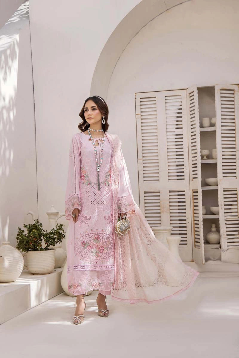 Maria B Inspired Chikan Embroidered Pink 3 Piece Outfit With Barocia Dupatta