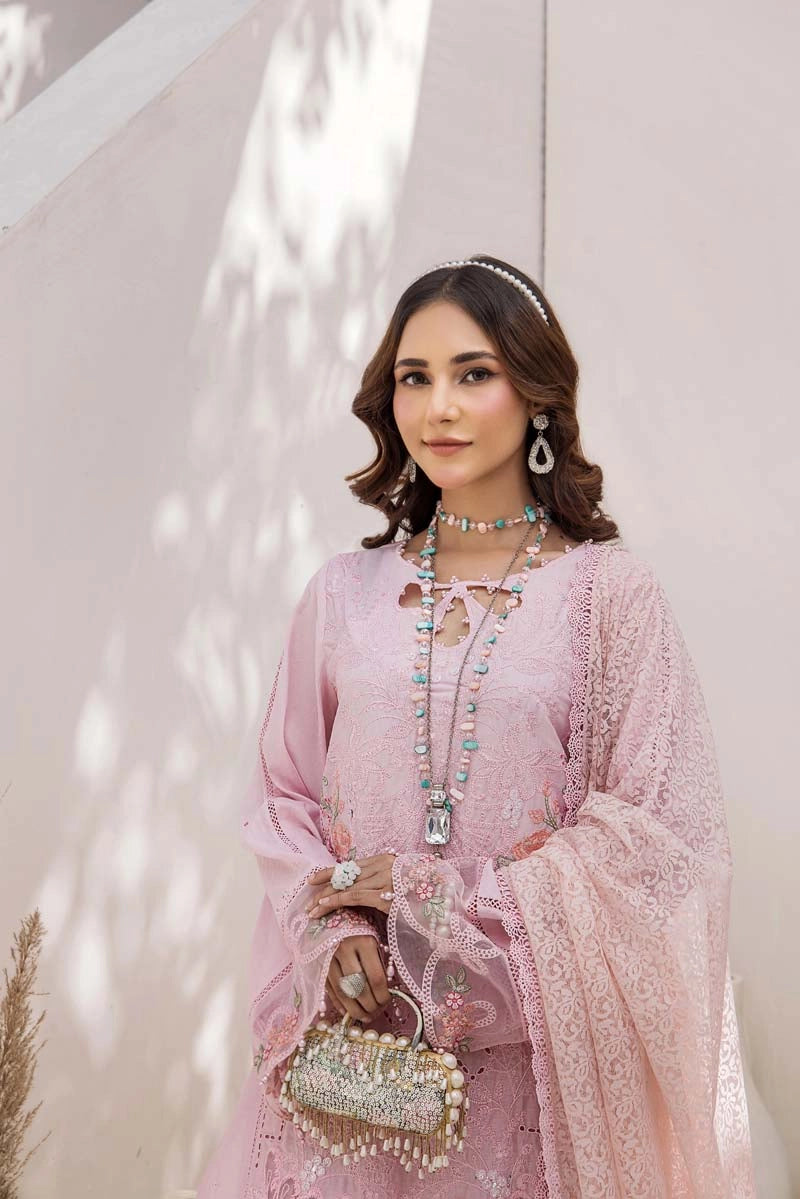 Maria B Inspired Chikan Embroidered Pink 3 Piece Outfit With Barocia Dupatta