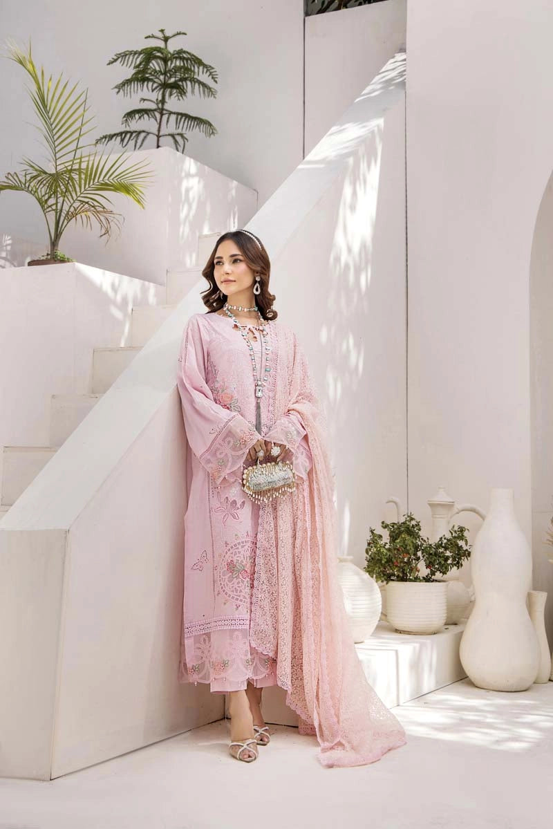 Maria B Inspired Chikan Embroidered Pink 3 Piece Outfit With Barocia Dupatta