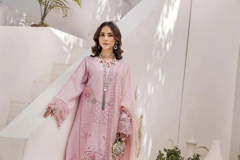 Maria B Inspired Chikan Embroidered Pink 3 Piece Outfit With Barocia Dupatta