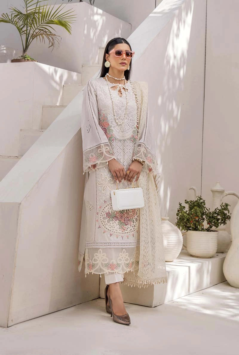 Maria B Inspired Chikan Embroidered Cream 3 Piece Outfit With Barocia Dupatta