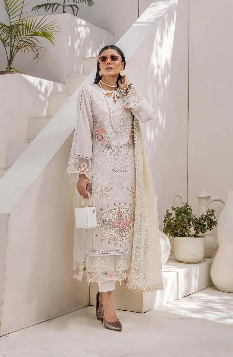 Maria B Inspired Chikan Embroidered Cream 3 Piece Outfit With Barocia Dupatta