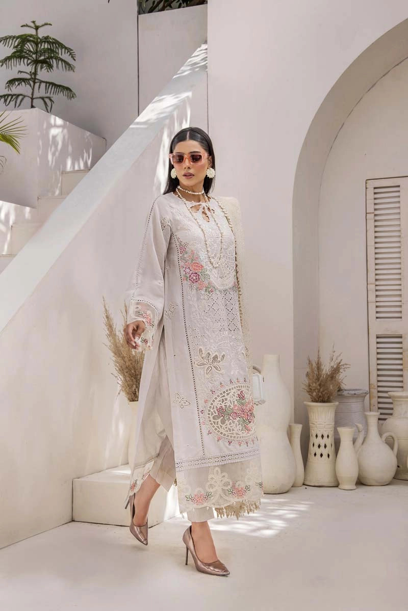 Maria B Inspired Chikan Embroidered Cream 3 Piece Outfit With Barocia Dupatta