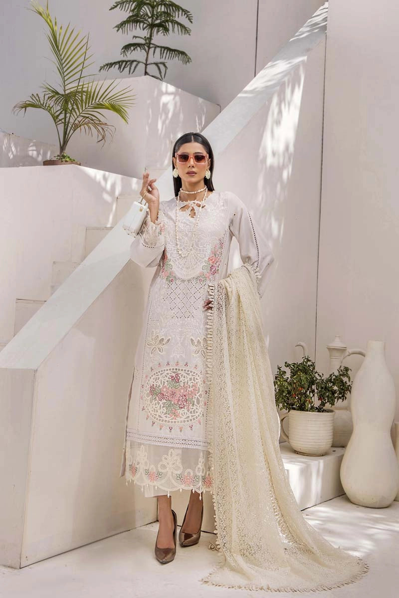 Maria B Inspired Chikan Embroidered Cream 3 Piece Outfit With Barocia Dupatta