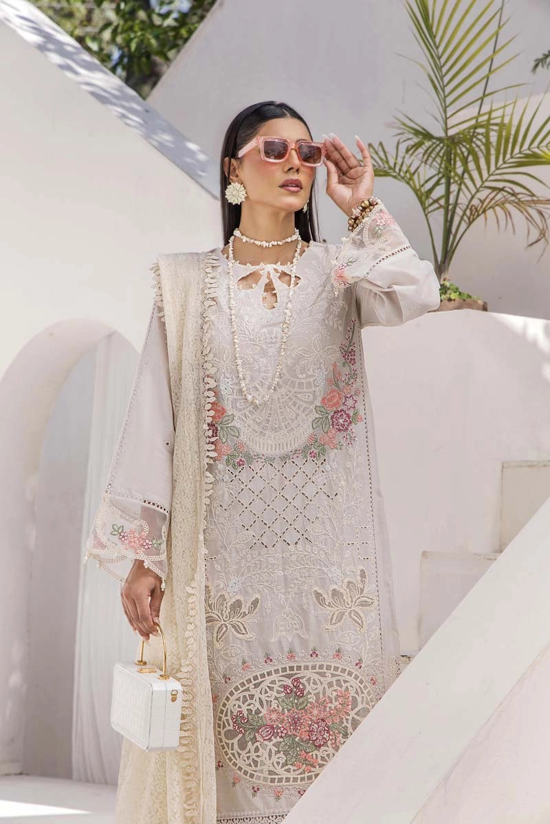 Maria B Inspired Chikan Embroidered Cream 3 Piece Outfit With Barocia Dupatta