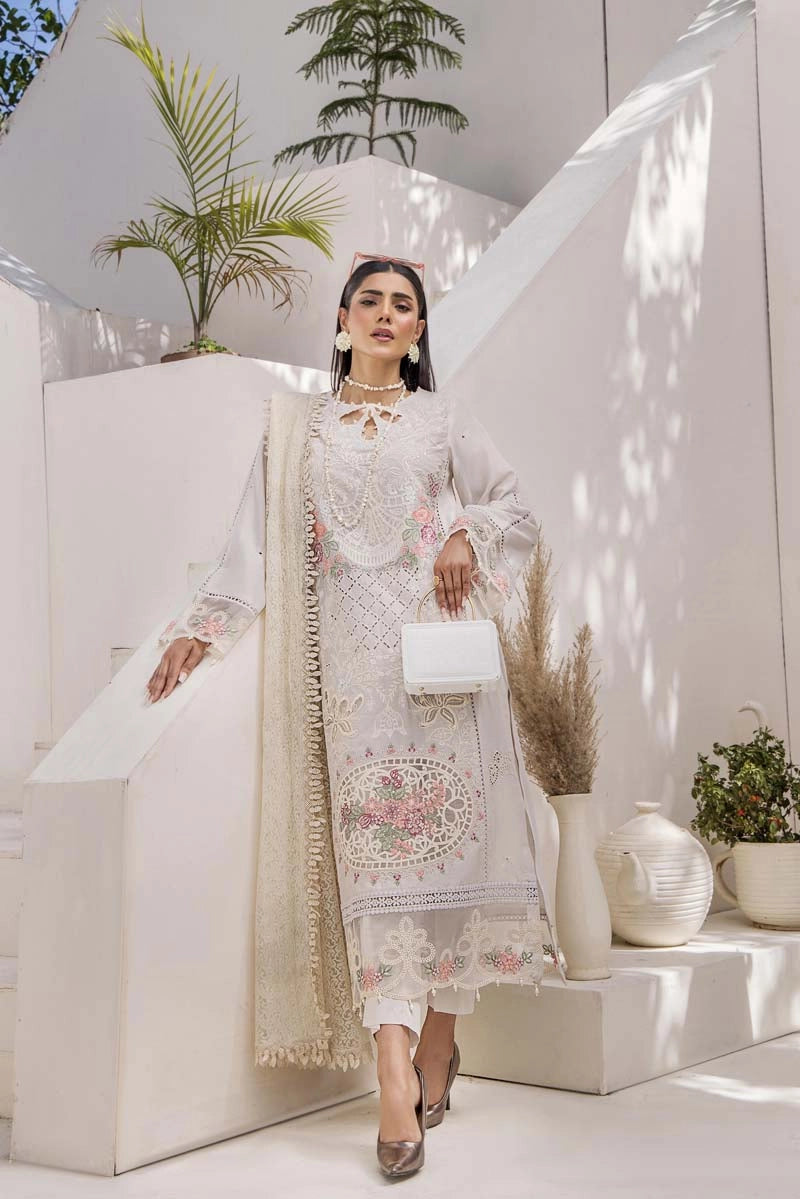 Maria B Inspired Chikan Embroidered Cream 3 Piece Outfit With Barocia Dupatta