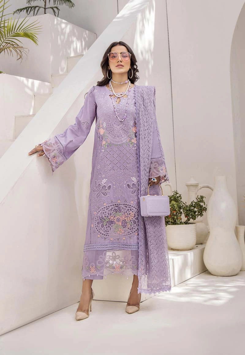 Maria B Inspired Chikan Embroidered Lilac 3 Piece Outfit With Barocia Dupatta