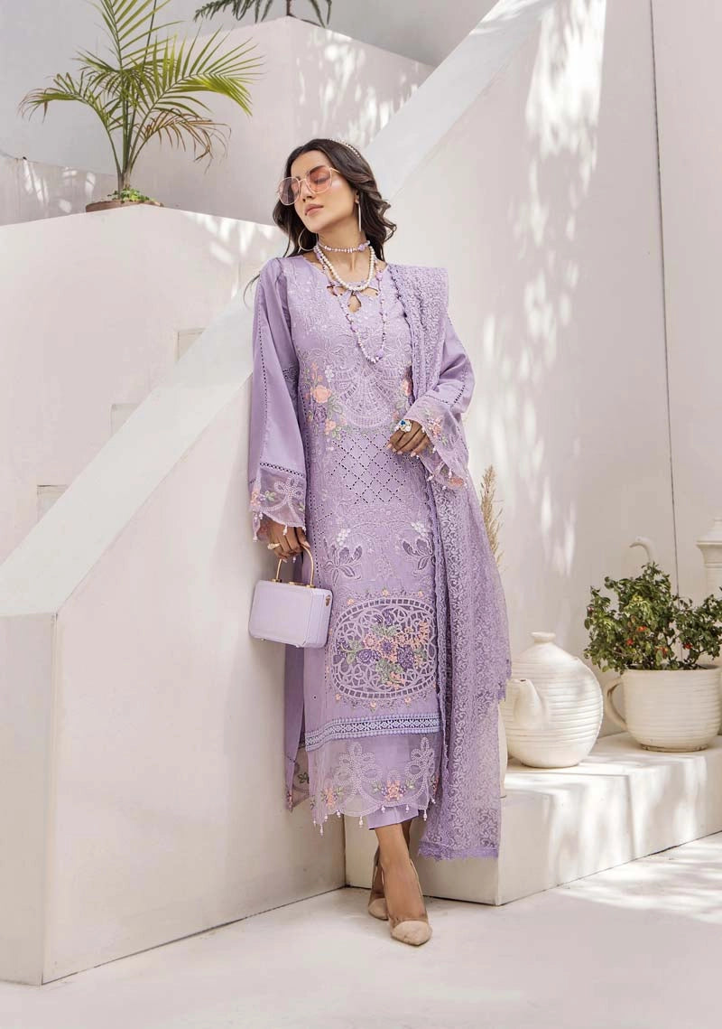 Maria B Inspired Chikan Embroidered Lilac 3 Piece Outfit With Barocia Dupatta