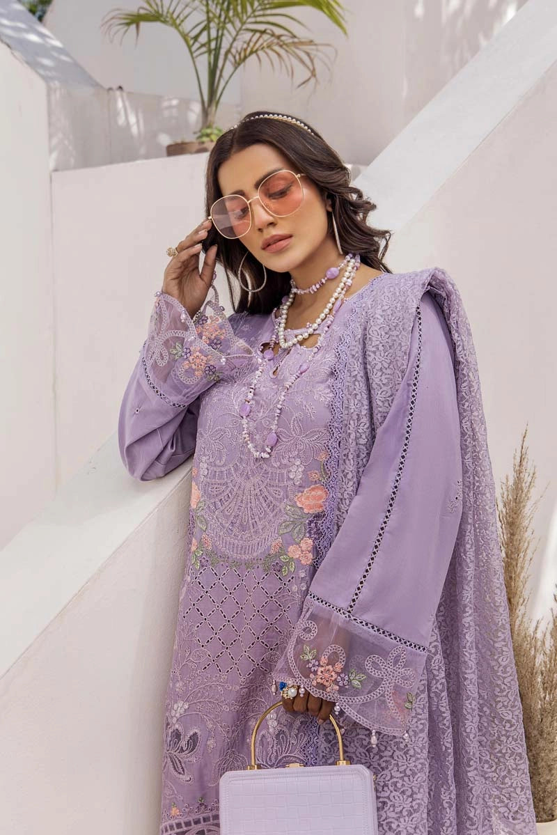 Maria B Inspired Chikan Embroidered Lilac 3 Piece Outfit With Barocia Dupatta