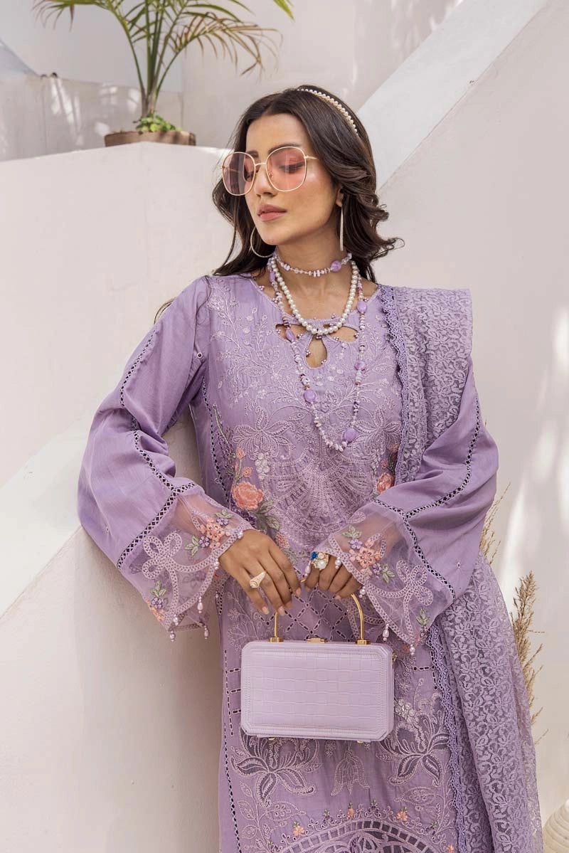 Maria B Inspired Chikan Embroidered Lilac 3 Piece Outfit With Barocia Dupatta