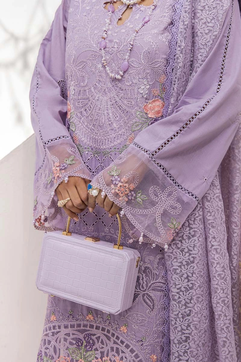 Maria B Inspired Chikan Embroidered Lilac 3 Piece Outfit With Barocia Dupatta