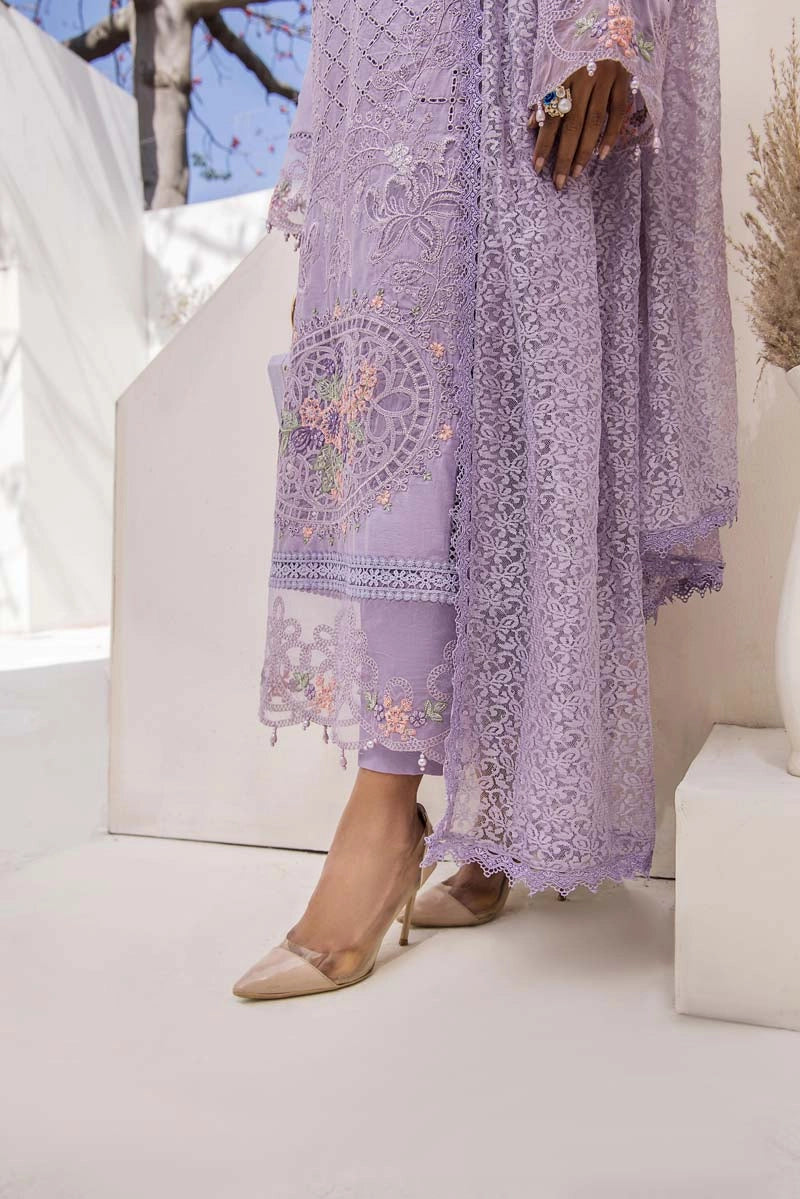 Maria B Inspired Chikan Embroidered Lilac 3 Piece Outfit With Barocia Dupatta