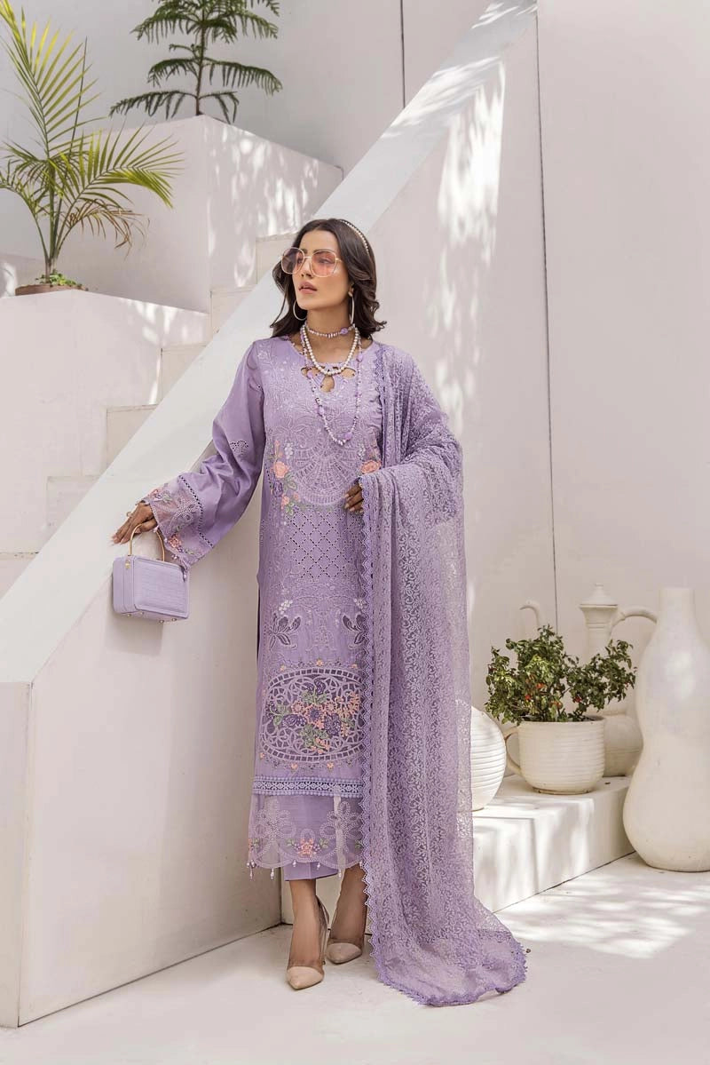 Maria B Inspired Chikan Embroidered Lilac 3 Piece Outfit With Barocia Dupatta