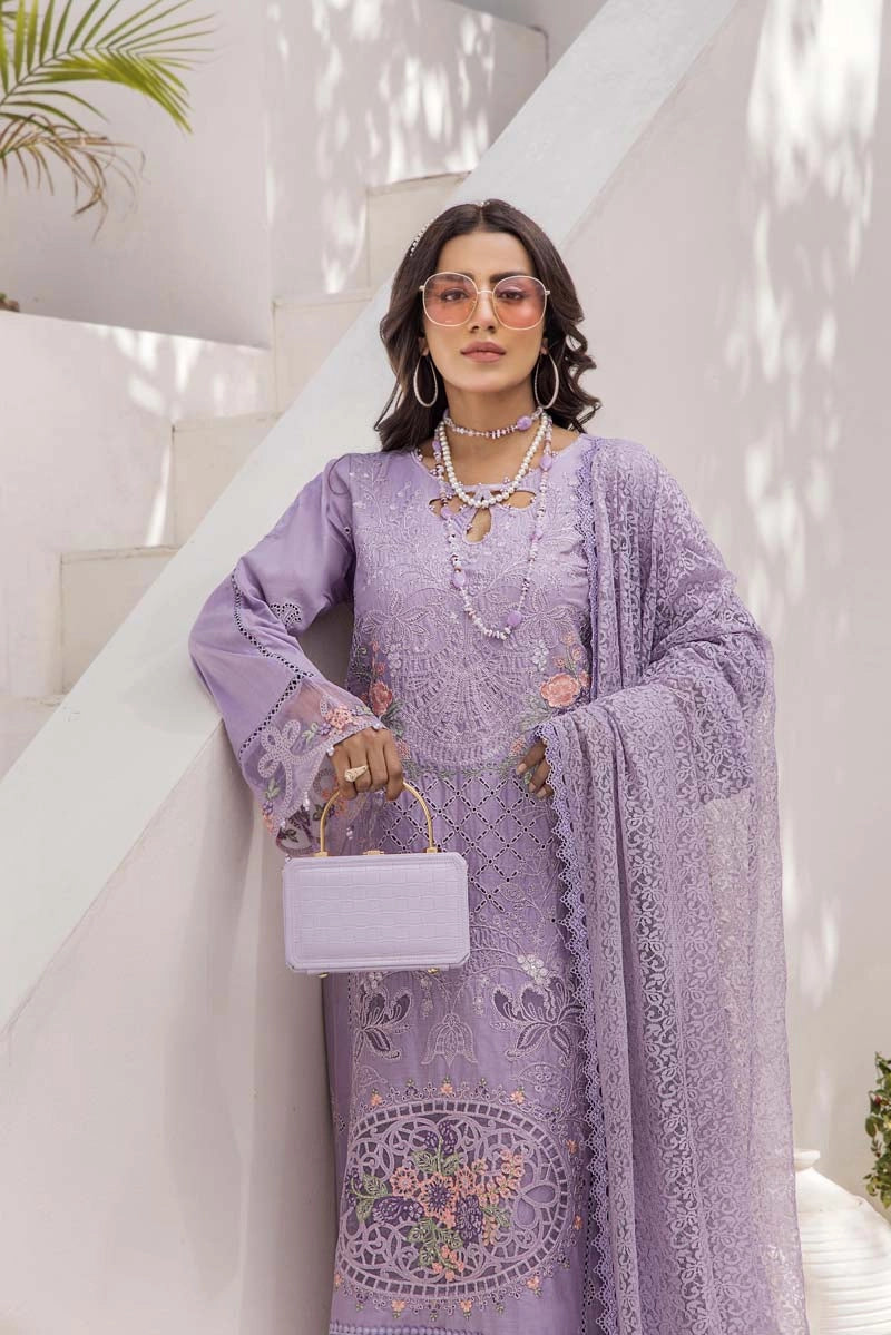 Maria B Inspired Chikan Embroidered Lilac 3 Piece Outfit With Barocia Dupatta