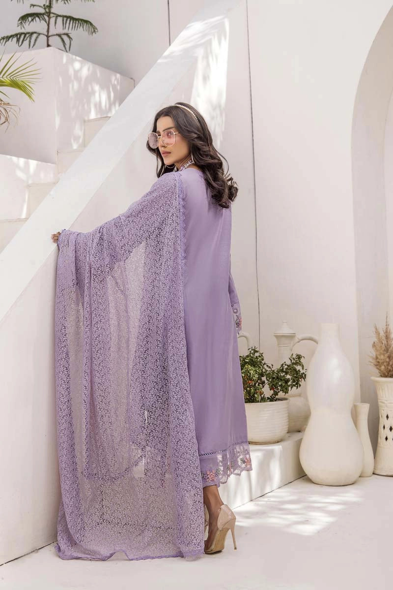 Maria B Inspired Chikan Embroidered Lilac 3 Piece Outfit With Barocia Dupatta