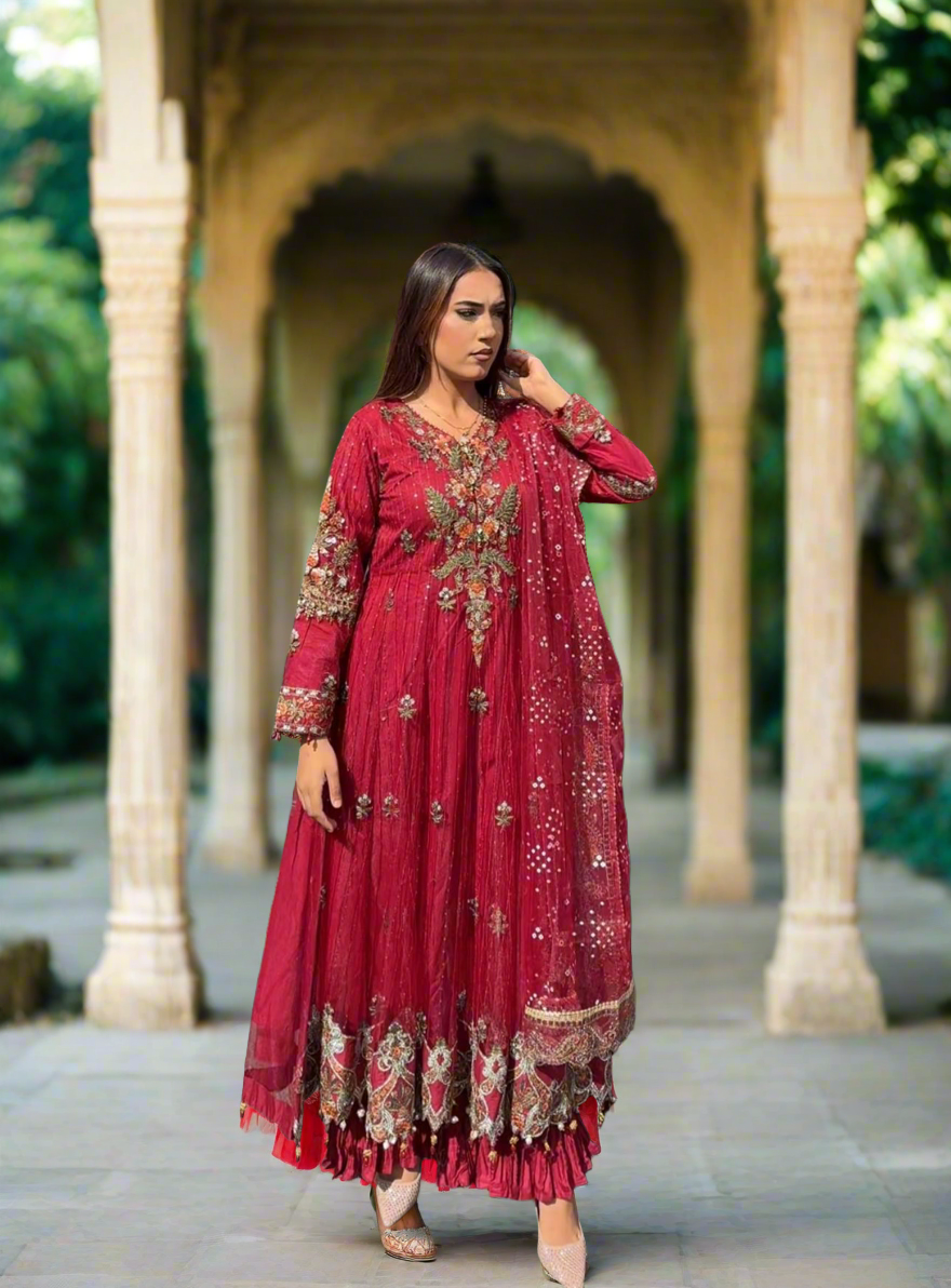 Maria B Inspired Embroidered Net D2403-B 3 Piece Outfit With Net Dupatta