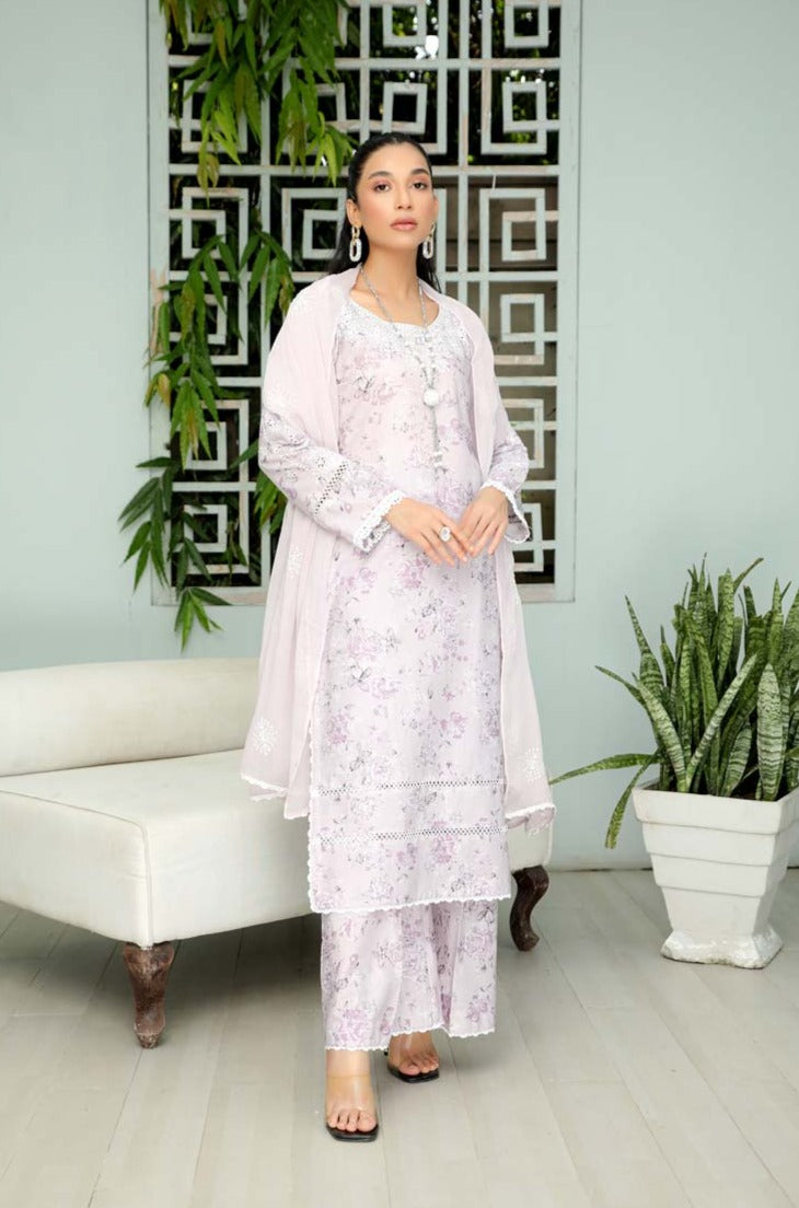 Husan Chikan Lawn Suit With Embroidered Chiffon Dupatta HJ02 - Desi Posh