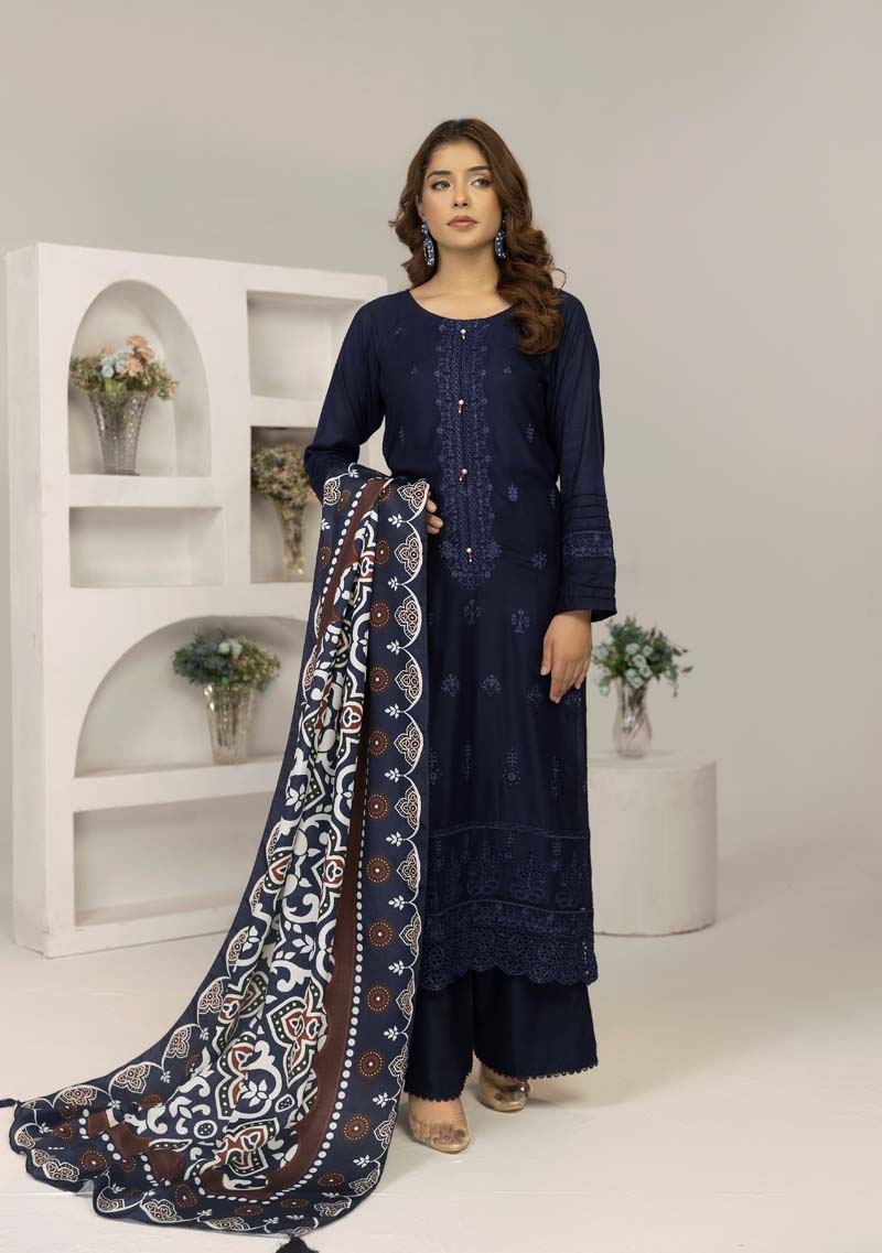 Simrans 3 Piece Chikan Kari Linen Suit with Ajrak Shawl DG23