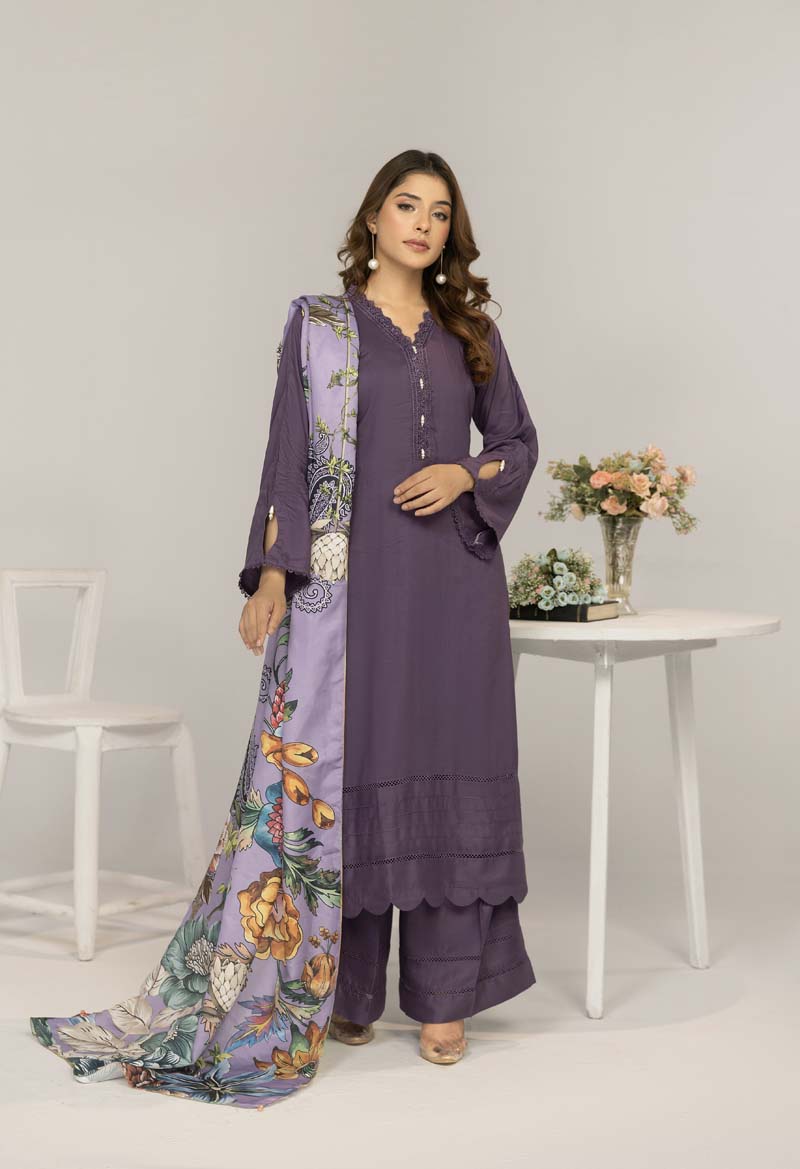 Suffuse 3 Piece Dhanak Linen Suit with Printed Shawl DG20