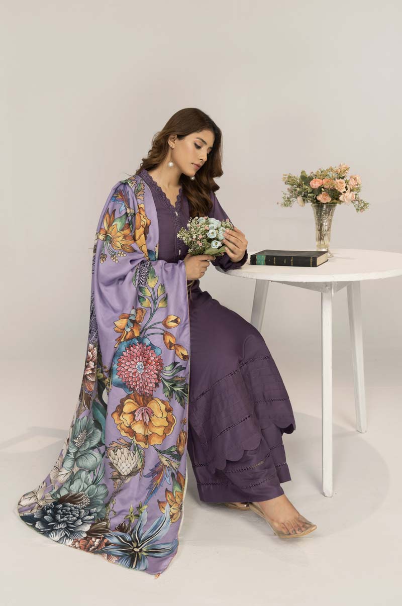 Suffuse 3 Piece Dhanak Linen Suit with Printed Shawl DG20