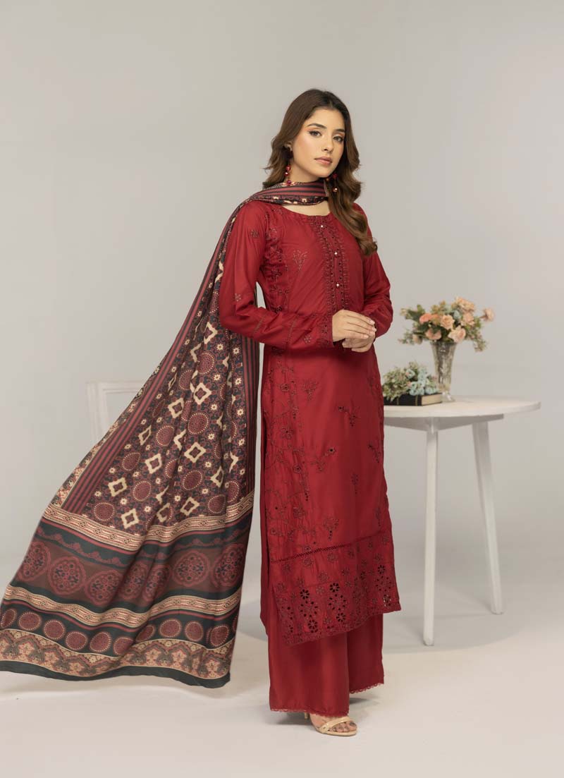 Simrans 3 Piece Chikan Kari Linen Suit with Ajrak Shawl DG22