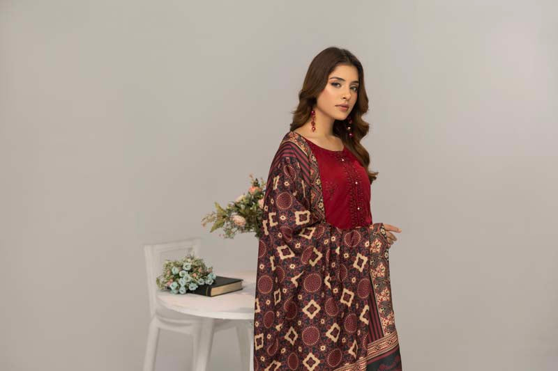 Simrans 3 Piece Chikan Kari Linen Suit with Ajrak Shawl DG22