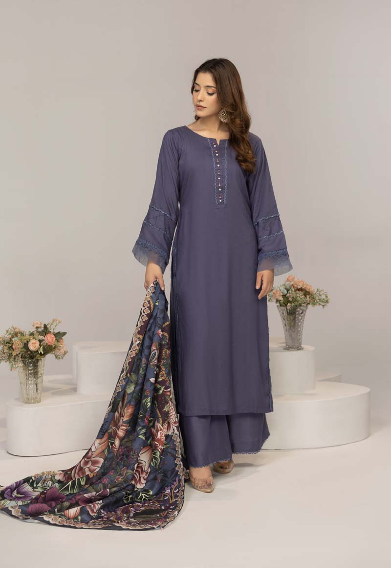 Suffuse 3 Piece Dhanak Linen Suit with Printed Shawl DG19