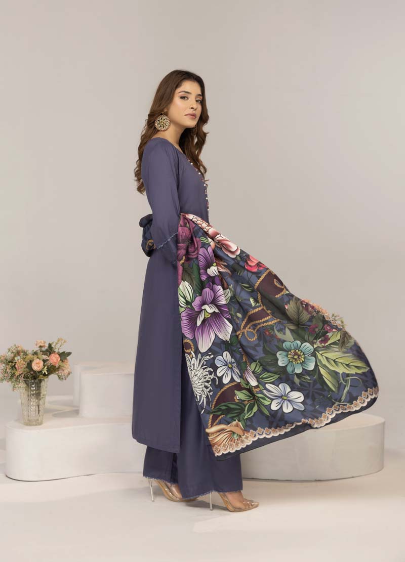 Suffuse 3 Piece Dhanak Linen Suit with Printed Shawl DG19