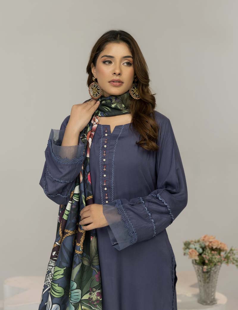 Suffuse 3 Piece Dhanak Linen Suit with Printed Shawl DG19