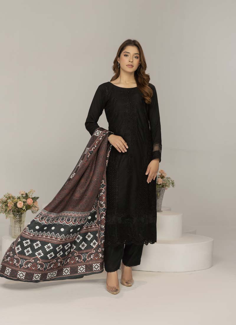 Simrans 3 Piece Chikan Kari Linen Suit with Ajrak Shawl DG21