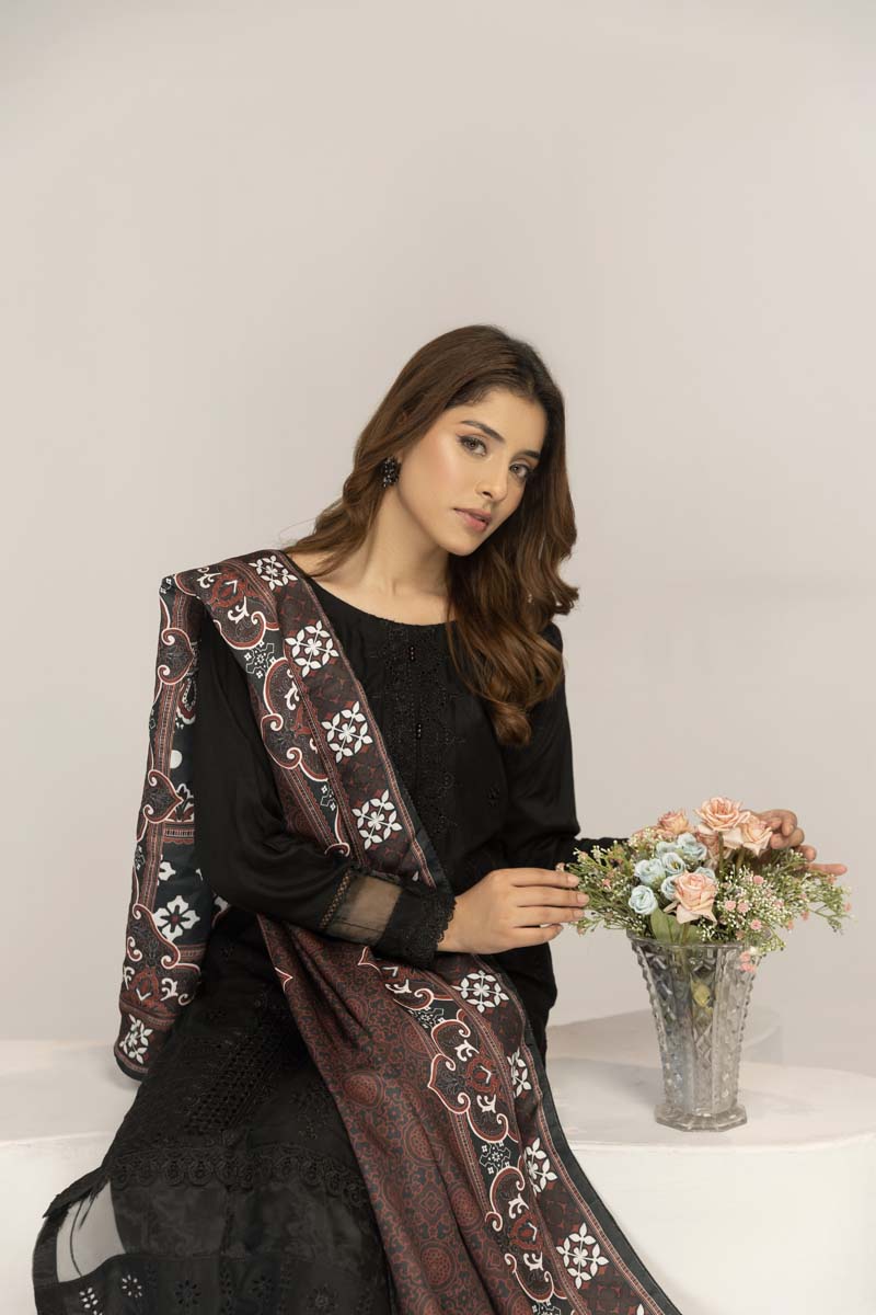 Simrans 3 Piece Chikan Kari Linen Suit with Ajrak Shawl DG21