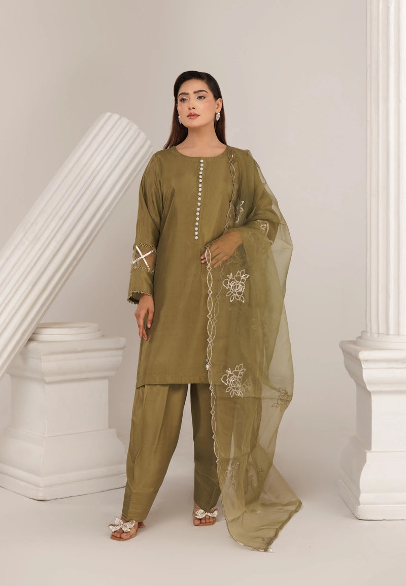 Firdous Eid Silk Green Suit With Farshi Salwar and Embroidered Net Dupatta