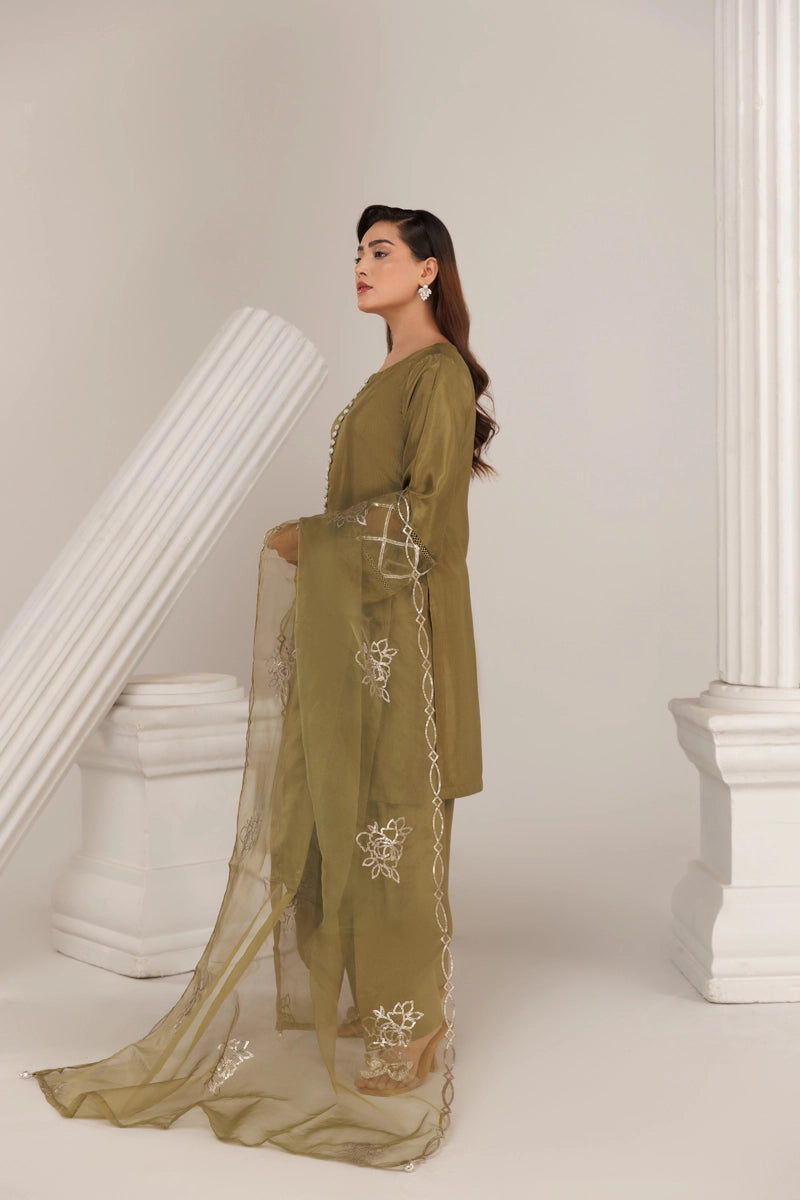 Firdous Eid Silk Green Suit With Farshi Salwar and Embroidered Net Dupatta