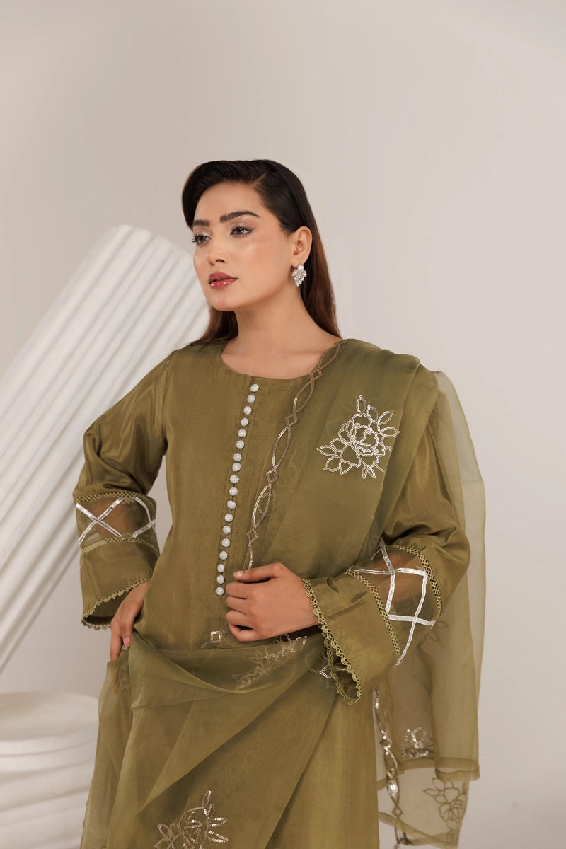 Firdous Eid Silk Green Suit With Farshi Salwar and Embroidered Net Dupatta