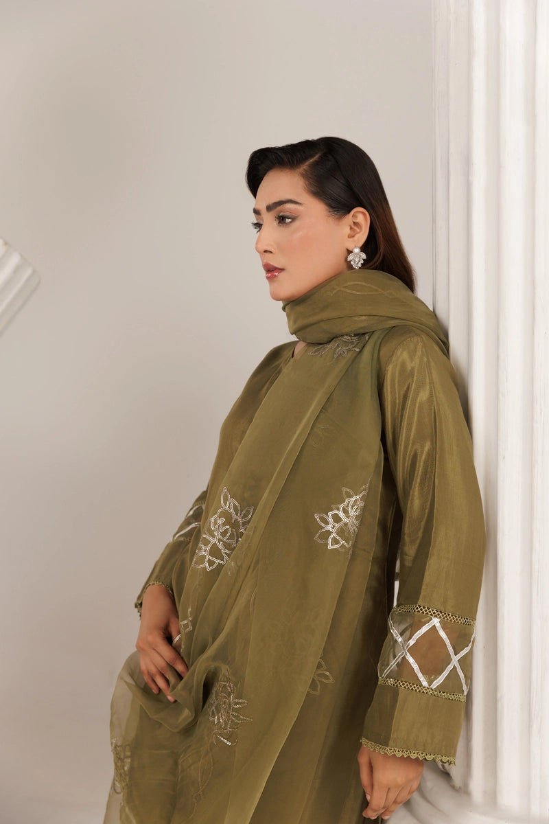 Firdous Eid Silk Green Suit With Farshi Salwar and Embroidered Net Dupatta