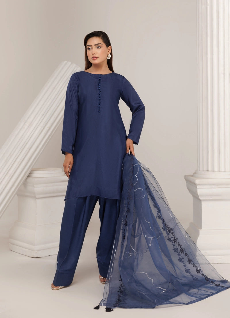 Firdous Eid Silk Blue Suit With Farshi Salwar and Embroidered Net Dupatta