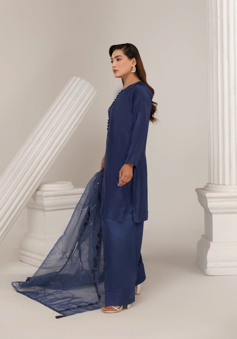 Firdous Eid Silk Blue Suit With Farshi Salwar and Embroidered Net Dupatta