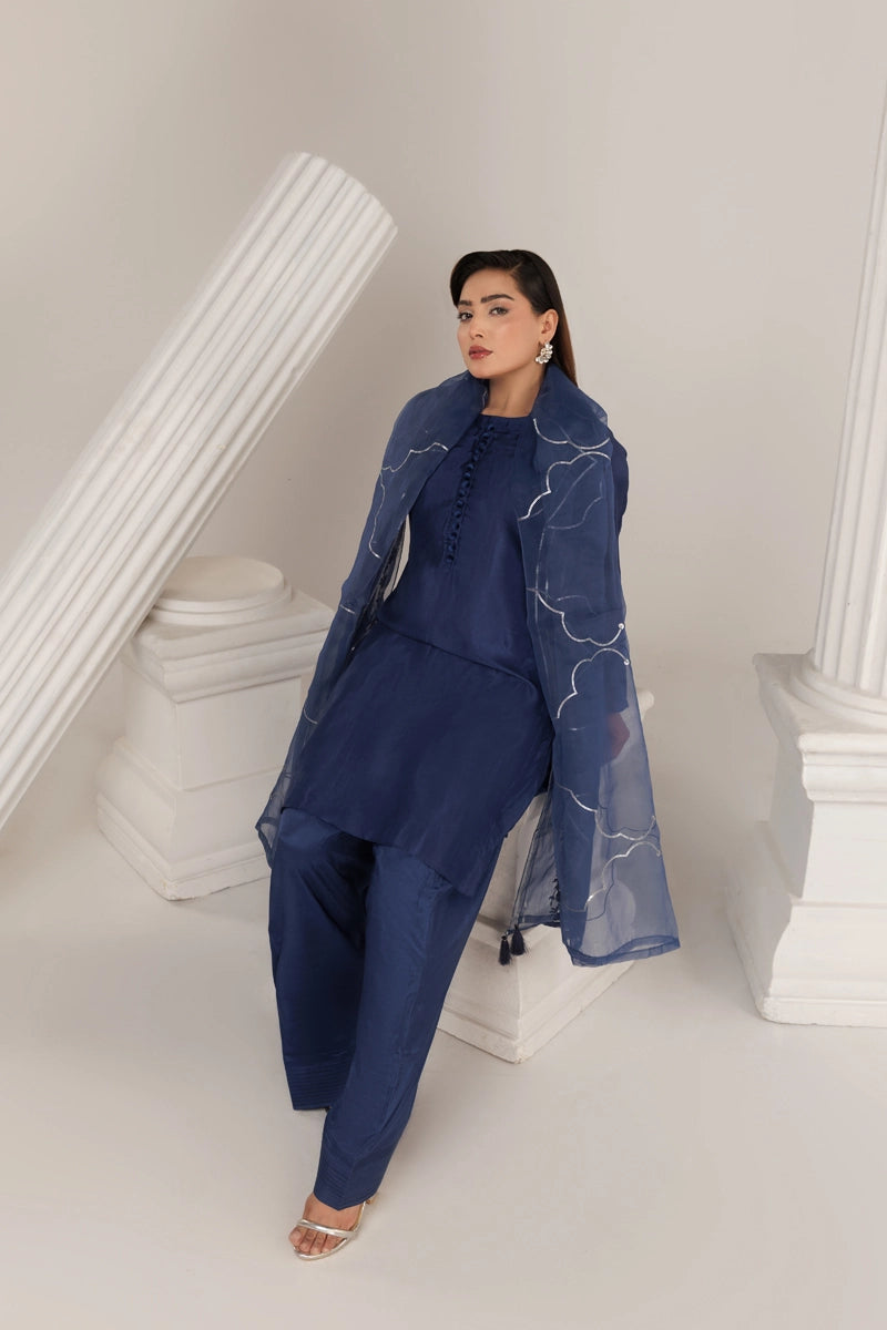 Firdous Eid Silk Blue Suit With Farshi Salwar and Embroidered Net Dupatta