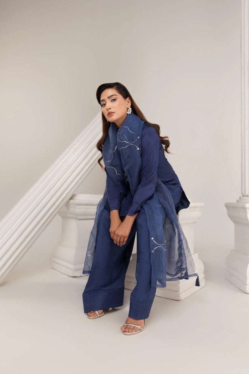 Firdous Eid Silk Blue Suit With Farshi Salwar and Embroidered Net Dupatta