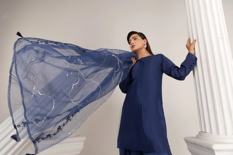 Firdous Eid Silk Blue Suit With Farshi Salwar and Embroidered Net Dupatta