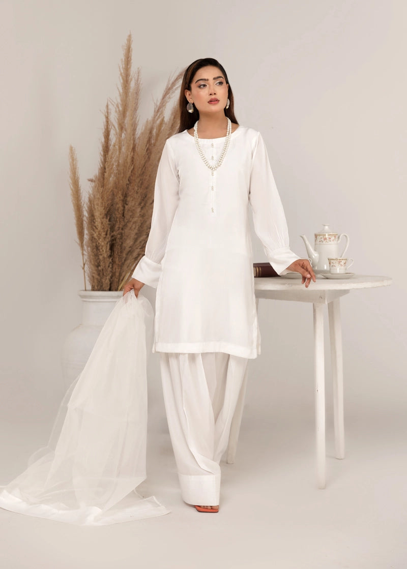 Firdous Eid Silk White Suit With Farshi Salwar and Net Dupatta