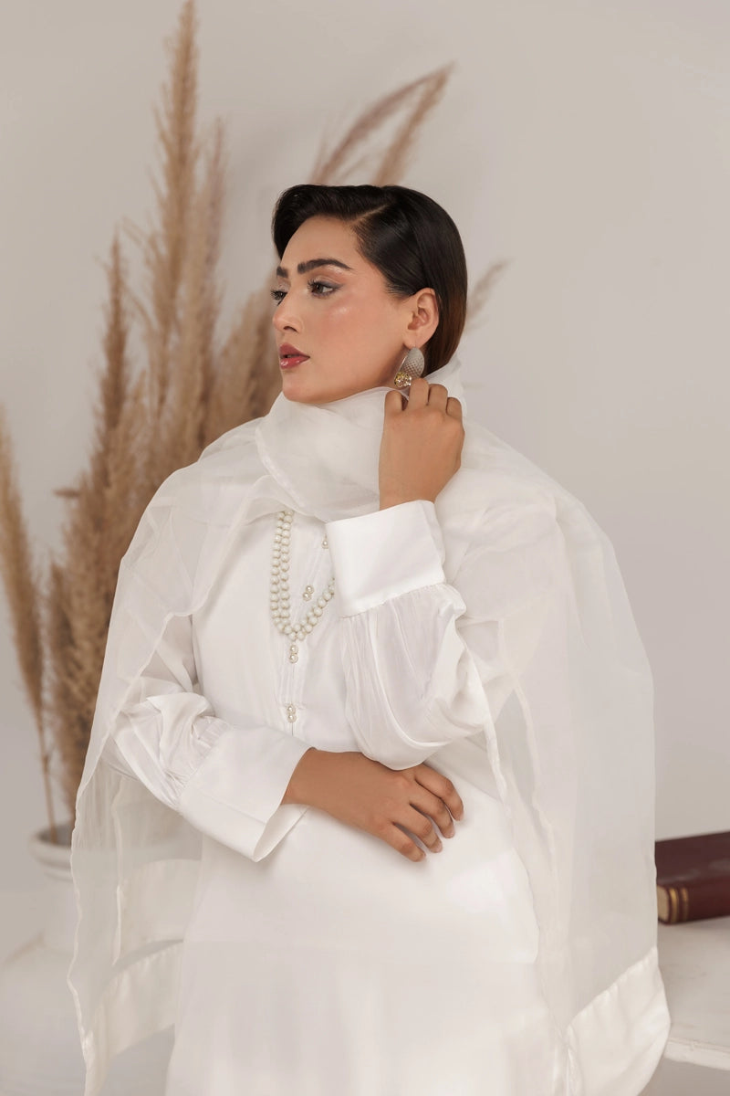 Firdous Eid Silk White Suit With Farshi Salwar and Net Dupatta