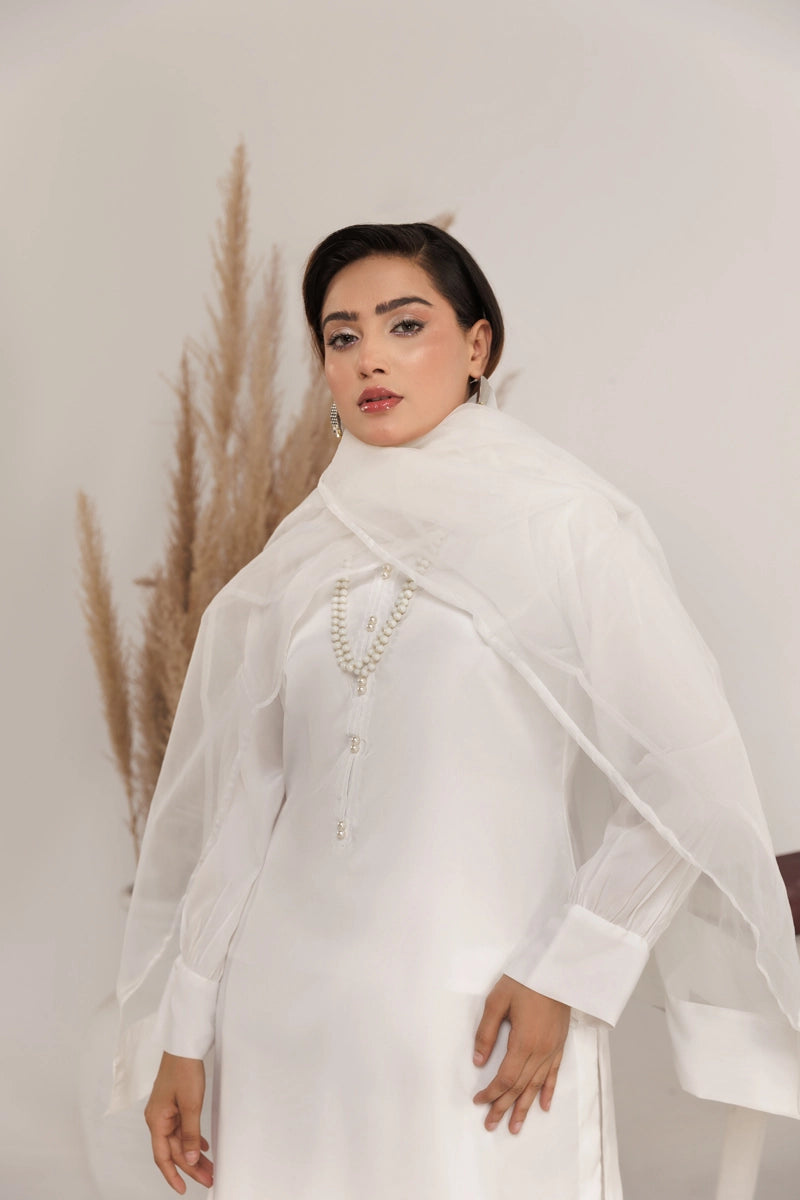 Firdous Eid Silk White Suit With Farshi Salwar and Net Dupatta