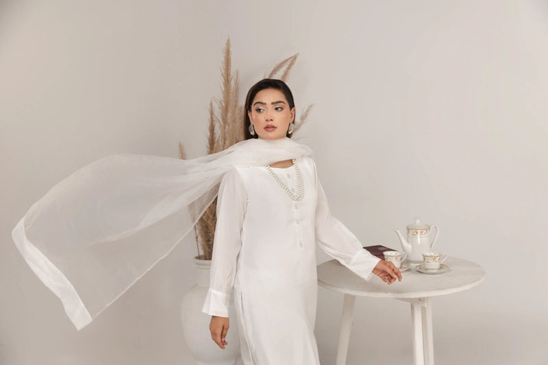 Firdous Eid Silk White Suit With Farshi Salwar and Net Dupatta