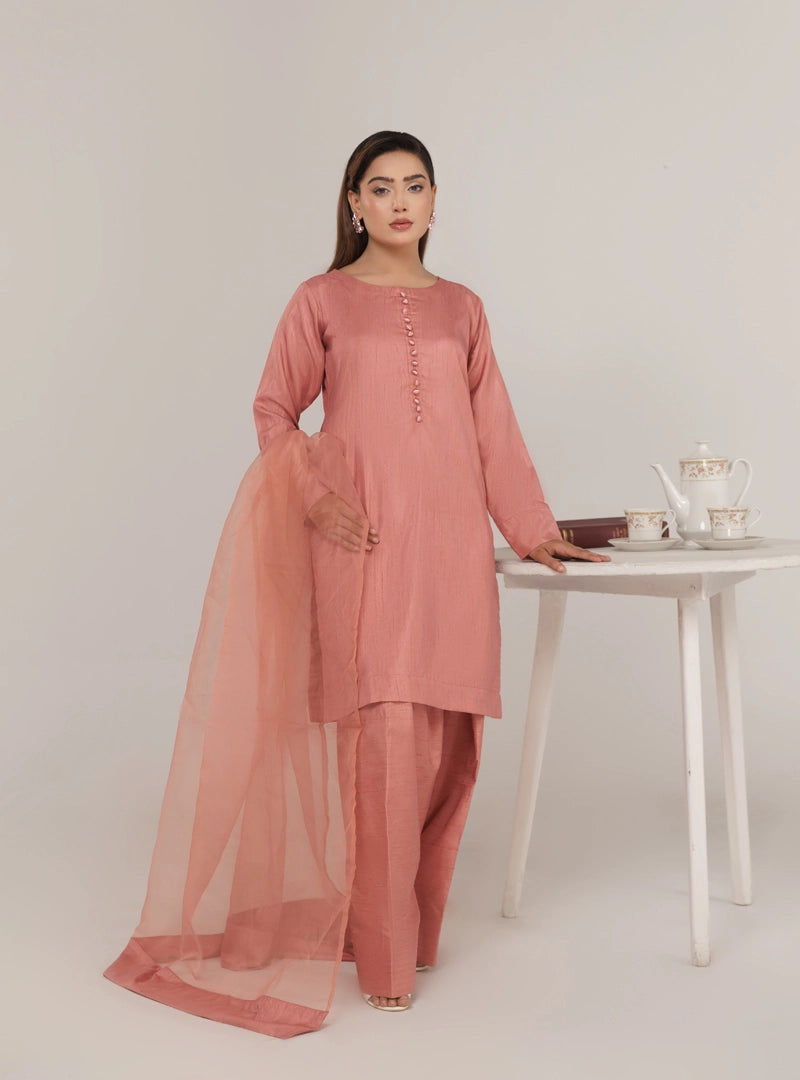 Firdous Eid Raw Silk Pink Suit With Farshi Salwar and Net Dupatta